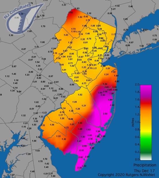 Figure 3. Rainfall and liquid equivalent of snow and sleet from approximately 7 AM on December 16th to 7 AM on December 17th. Reports are from CoCoRaHS observers. CoCoRaHS precipitation map for the 24 hours ending on the morning of December 17th