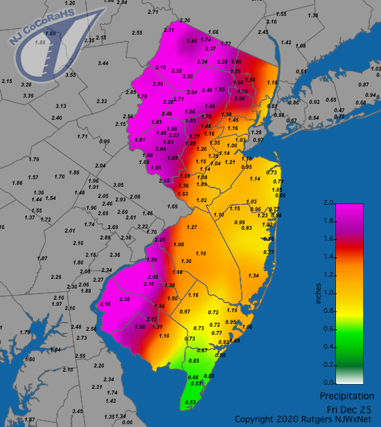 Figure 7. Rainfall from approximately 7 AM on December 24th to 7 AM on December 25th. Reports are from CoCoRaHS observers. CoCoRaHS precipitation map for the 24 hours ending on the morning of December 25th