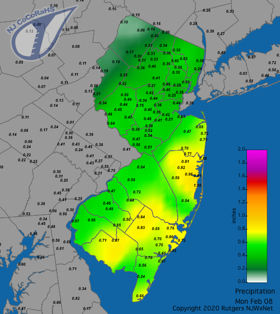 Figure 7. Rainfall and liquid equivalent of snow and sleet from approximately 7 AM on February 7th to 7 AM on February 8th. Reports are from CoCoRaHS observers. CoCoRaHS precipitation map for the 24 hours ending on the morning of February 8th