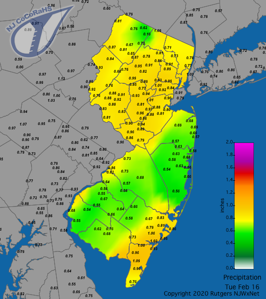 Figure 9. Rainfall from approximately 7 AM on February 15th to 7 AM on February 16th. Reports are from CoCoRaHS observers. CoCoRaHS precipitation map for the 24 hours ending on the morning of February 16th