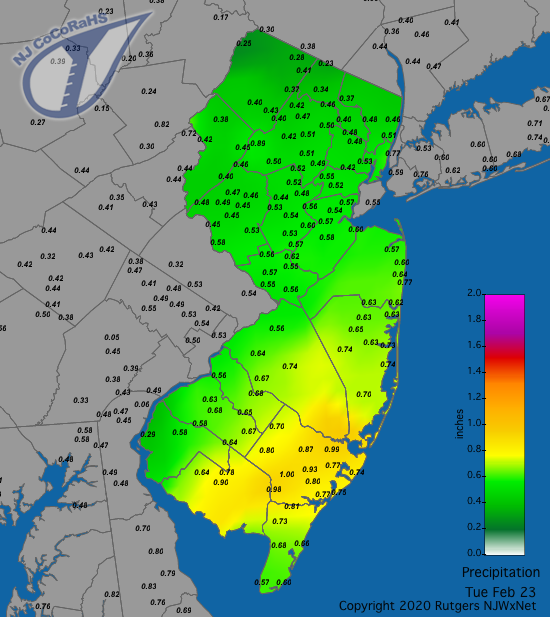 Figure 12. Rainfall from approximately 7 AM on February 22nd to 7 AM on February 23rd. Reports are from CoCoRaHS observers. CoCoRaHS precipitation map for the 24 hours ending on the morning of February 23rd