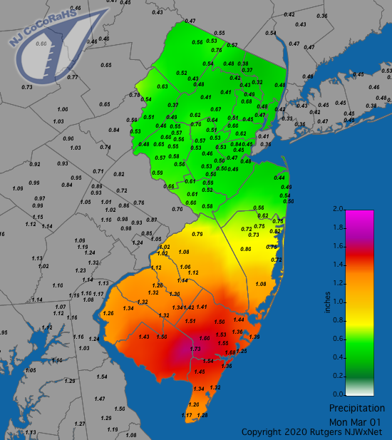 Figure 2. Rainfall from approximately 7 AM on February 28th to 7 AM on March 1st. Reports are from CoCoRaHS observers. CoCoRaHS precipitation map for the 24 hours ending on the morning of March 1st