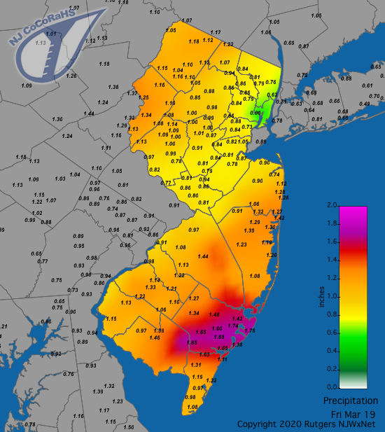 Figure 3. Rainfall from approximately 7 AM on March 18th to 7 AM on March 19th. Reports are from CoCoRaHS observers. CoCoRaHS precipitation map for the 24 hours ending on the morning of March 19th