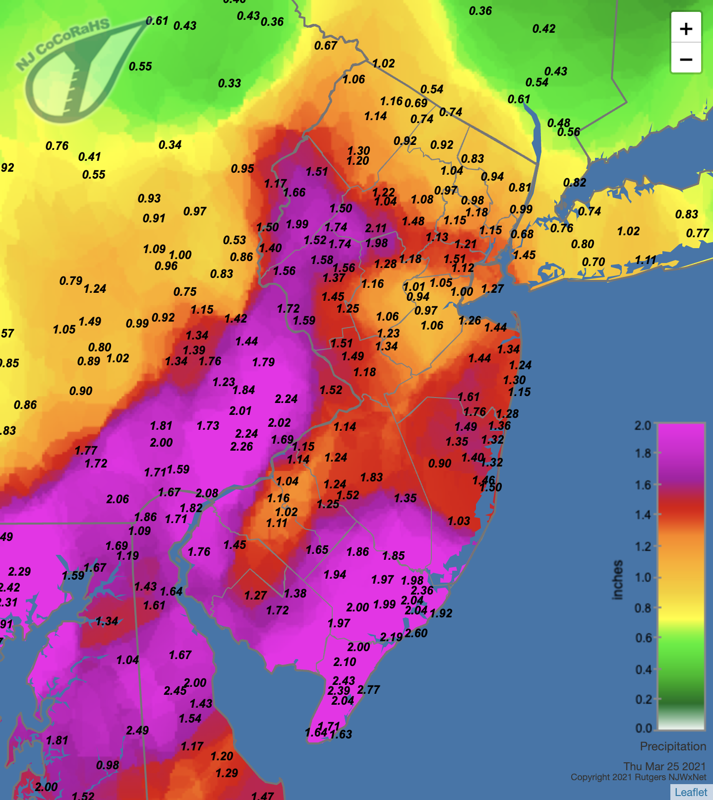 Figure 5. Rainfall from approximately 7 AM on March 24th to 7 AM on March 25th. Reports are from CoCoRaHS observers. CoCoRaHS precipitation map for the 24 hours ending on the morning of March 25th