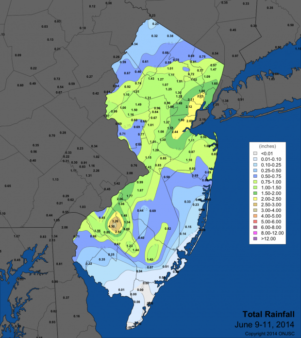Storm total rainfall from June 9 to the morning of June 11. Generated using data from the New Jersey Weather & Climate Network, the National Weather Service in Mount Holly and Upton, and CoCoRaHS. Map of rainfall totals