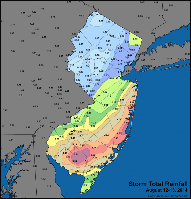 Ground-based rainfall totals from volunteer Community Collaborative Rain, Hail and Snow Network observers and National Weather Service (NWS) Cooperative Observers, and automated gauges in the NJ Weather and Climate Network and the NWS Automated Surface Observing System Network. Rainfall totals map