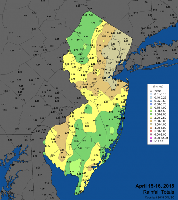 Figure 2. Rainfall totals for April 15th-16th. Rainfall map from April 15-16