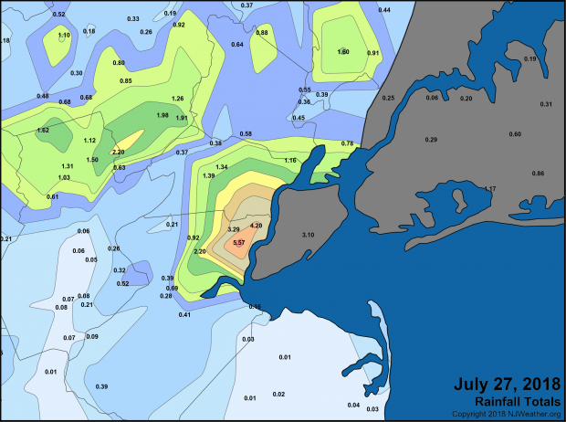 Figure 2. Rainfall from July 27th, depicting where the heaviest rains fell. Observations are comprised of reports from CoCoRaHS, NWS Coop, and NJWxNet stations. Rainfall map for July 27th
