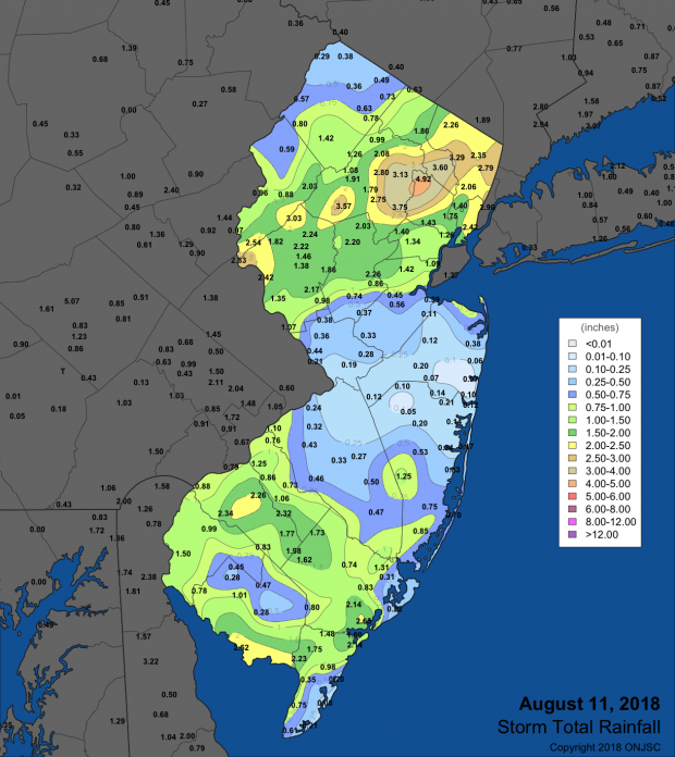 Figure 1. Rainfall on August 11th depicting where the heaviest rains fell. Observations are comprised of reports from CoCoRaHS, NWS Coop, and NJWxNet stations. Rainfall map for August 11th