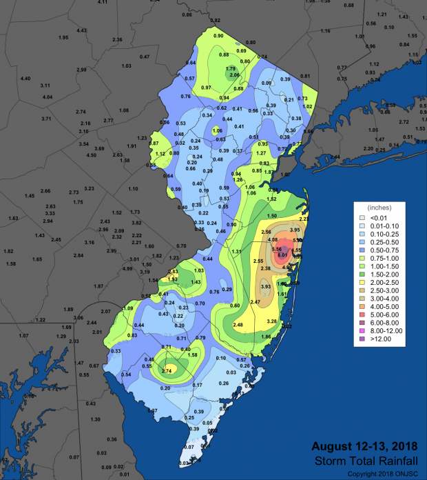 Figure 2. Rainfall from August 12th–13th depicting where the heaviest rains fell. Observations are comprised of reports from CoCoRaHS, NWS Coop, and NJWxNet stations. Rainfall map for August 12th-13th