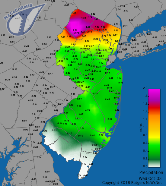 Figure 1. Rainfall from approximately 7 AM on the 2nd to 7 AM on the 3rd. Observations are from CoCoRaHS stations. Rainfall map for October 3rd