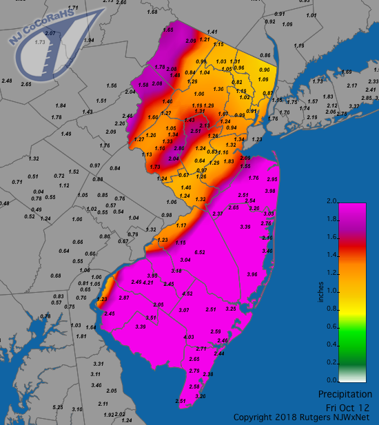 Figure 2. Rainfall from approximately 7 AM on the 11th to 7 AM on the 12th. Observations are from CoCoRaHS stations. Rainfall map for October 12th