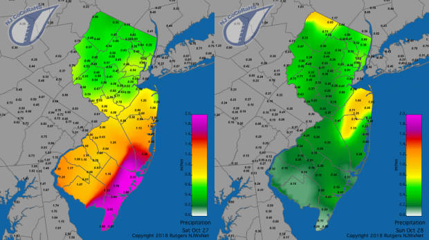 Figure 3. Rainfall from approximately 7 AM on the 26th to 7 AM on the 27th (left) and from approximately 7 AM on the 27th to 7 AM on the 28th (right). Observations are from CoCoRaHS stations. Rainfall maps for October 27 and 28