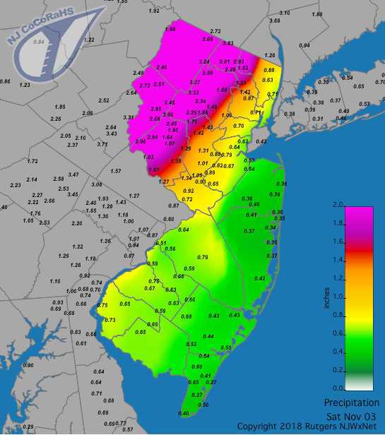 Figure 1. Rainfall from approximately 7 AM on the 2nd to 7 AM on the 3rd. Observations are from CoCoRaHS stations. Rainfall map for November 3rd
