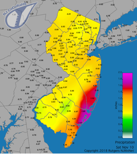 Figure 2. Rainfall from approximately 7 AM on the 9th to 7 AM on the 10th. Observations are from CoCoRaHS stations. Rainfall map for November 10th