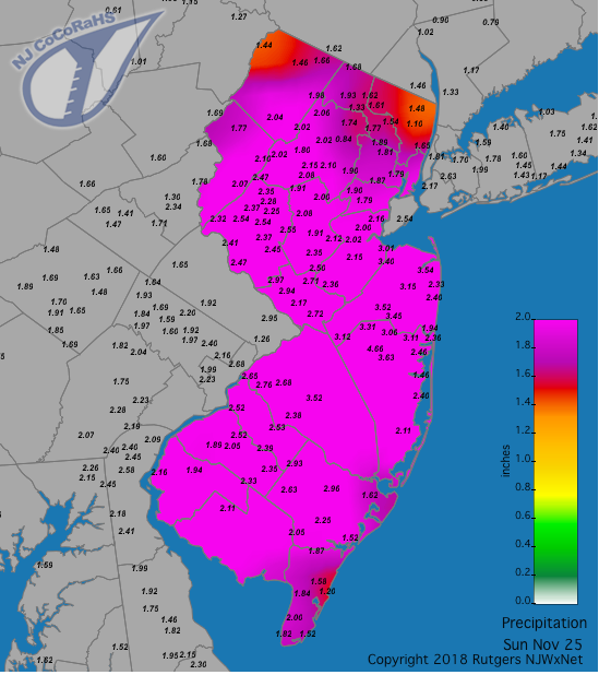 Figure 4. Rainfall from approximately 7 AM on the 24th to 7 AM on the 25th. Observations are from CoCoRaHS stations. Rainfall map for November 25th