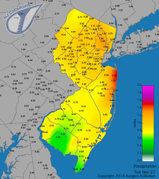 Figure 5. Rainfall from approximately 7 AM on the 26th to 7 AM on the 27th. Observations are from CoCoRaHS stations. Rainfall map for November 27th