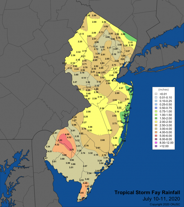 Figure 7. Rainfall from Tropical Storm Fay on July 10th to 11th, based on NJWxNet, CoCoRaHS, and NWS reports. Rainfall map from Tropical Storm Fay on July 10th to 11th