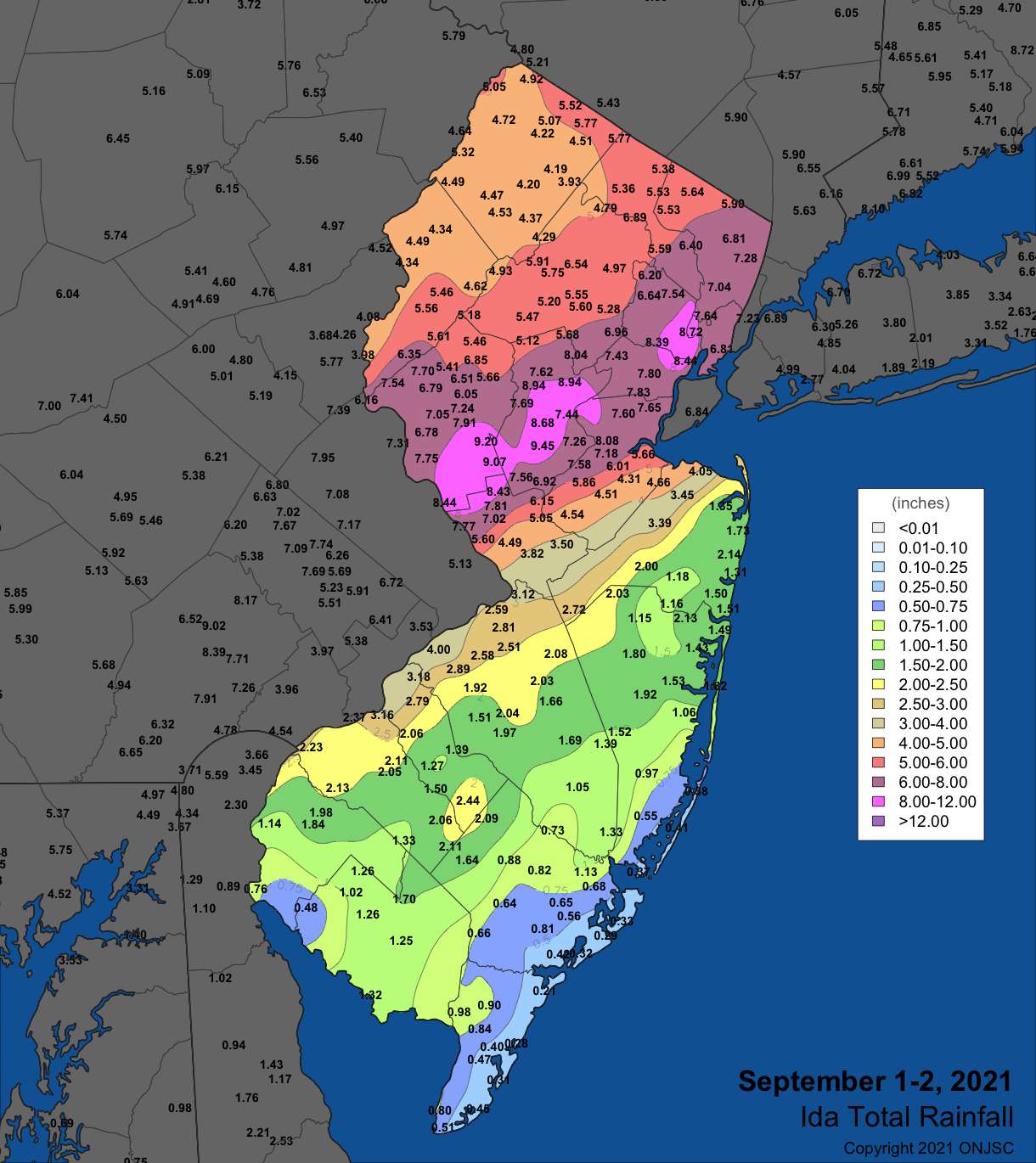 Figure 9. September 1st–2nd rainfall in NJ and surrounding states based on observations from Rutgers NJ Weather Network, NJ CoCoRaHS, National Weather Service Cooperative stations, and observations from several other networks. Around 370 NJ observations were used to generate the map. Not all observations that went into the colored contouring in NJ are shown to avoid overlapping values. September 1st–2nd rainfall in NJ and surrounding states based on observations from Rutgers NJ Weather Network, NJ CoCoRaHS, National Weather Service Cooperative stations, and observations from several other networks. Around 370 NJ observations were used to generate the map. Not all observations that went into the colored contouring in NJ are shown to avoid overlapping values.