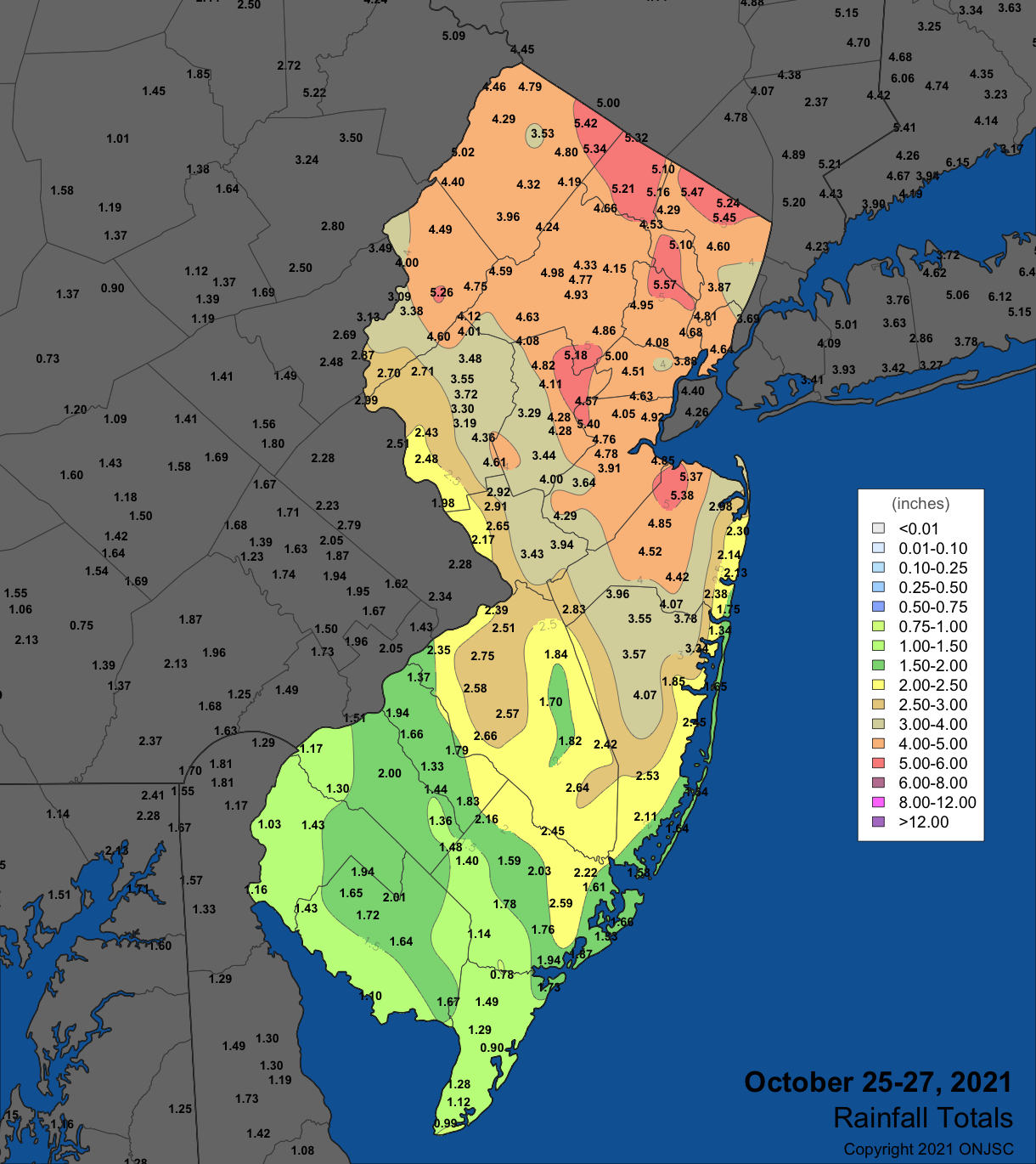 Figure 4. October 25th–27th rainfall in NJ and surrounding states based on observations from Rutgers NJ Weather Network, NJ CoCoRaHS, National Weather Service Cooperative stations, and observations from several other networks. Over 350 NJ observations were used to generate the map. Not all observations that went into the colored contouring in NJ are shown to avoid overlapping values. October 25th–27th rainfall in NJ and surrounding states based on observations from Rutgers NJ Weather Network, NJ CoCoRaHS, National Weather Service Cooperative stations, and observations from several other networks. Over 350 NJ observations were used to generate the map.