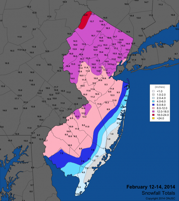 Snowfall during the February 12-14, 2014 storm, NJ’s largest snowstorm of the 2013-2014 season. February 12 to 14 snowfall map