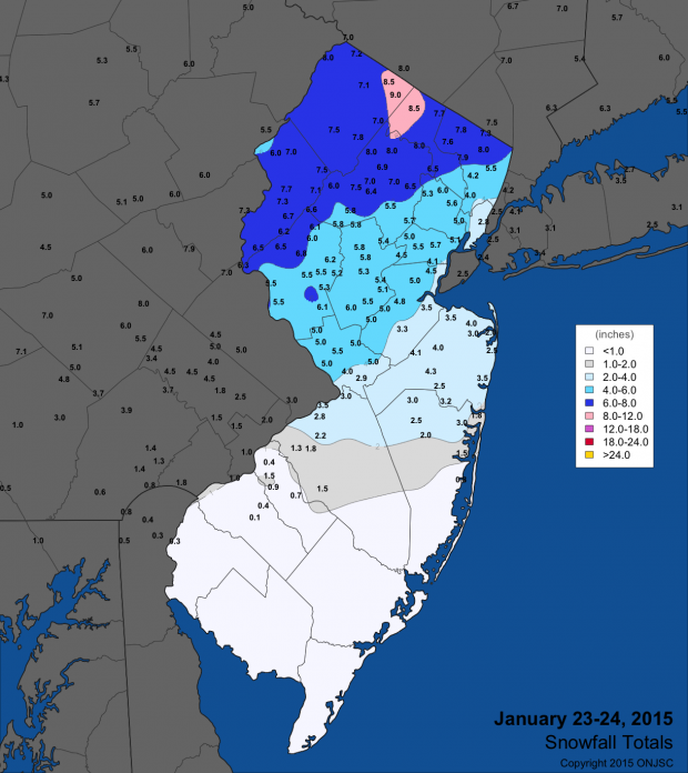 Figure 1. January 23rd–24th snowfall totals from National Weather Service (NWS) Cooperative observers and spotters, and CoCoRaHS volunteers. Jan 23-24 snow map