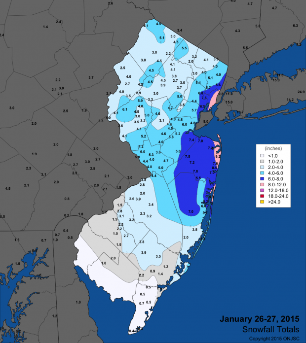 Figure 2. January 26th–27th snowfall totals from National Weather Service (NWS) Cooperative observers and spotters, and CoCoRaHS volunteers Jan 26-27 snow map