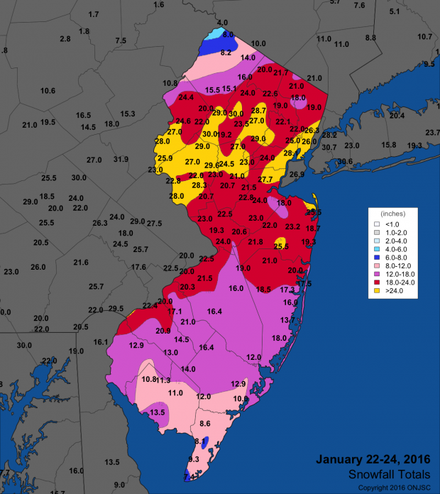 Figure 1. January 23–24th snowfall totals from National Weather Service (NWS) Cooperative observers and spotters, and CoCoRaHS volunteers. January 23–24 snow map