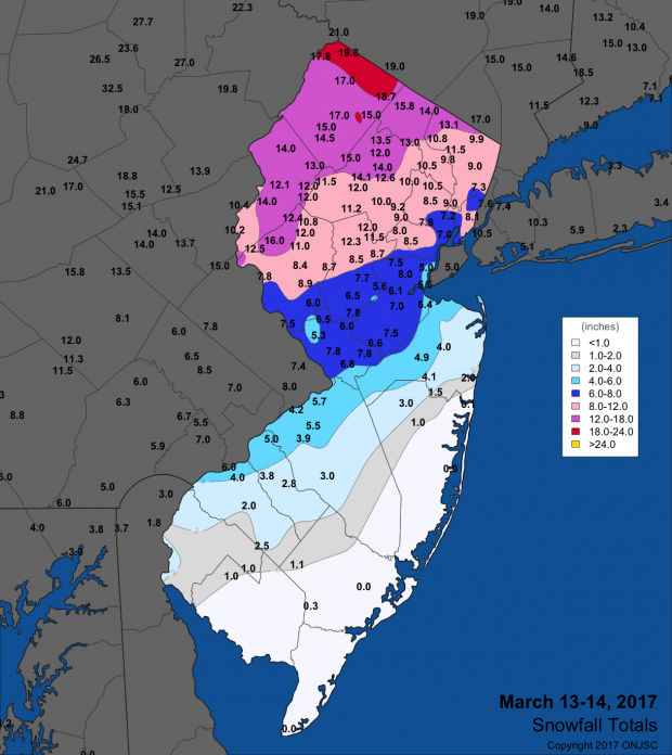 Figure 1. Snowfall totals from the March 13th–14th storm. March 13-14 snowfall map