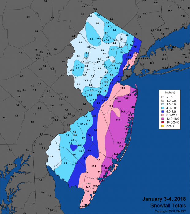 Figure 5. Snowfall totals from January 3rd–4th. Snowfall map from January 3rd–4th