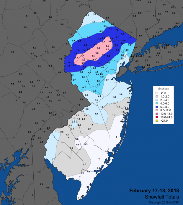 Figure 1. Snowfall totals from February 17th-18th, 2018. Feb 17-18 snowfall map