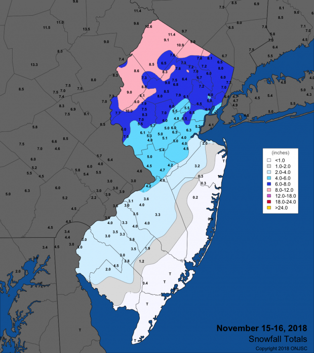 Figure 3. Snowfall totals for November 15th–16th. Snowfall map for November 15th-16th event