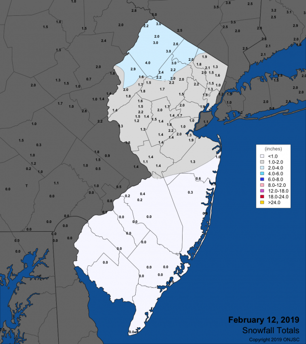 Figure 3. Snowfall mainly during the daylight hours of February 12th. Observations are from CoCoRaHS stations, NWS Coop, and NWS spotter reports. Snowfall map for February 12th