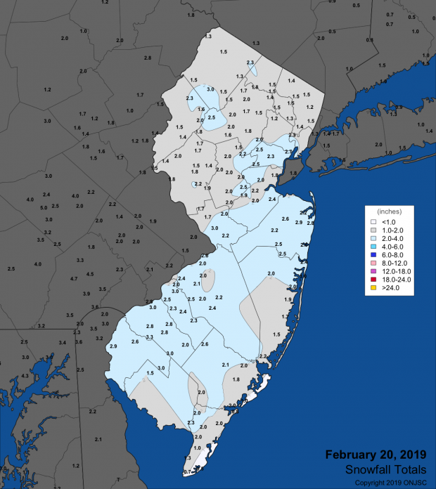 Figure 4. Snowfall from the morning into the evening of February 20th. Observations are from CoCoRaHS stations, NWS Coop, and NWS spotter reports. Snowfall map for February 20th