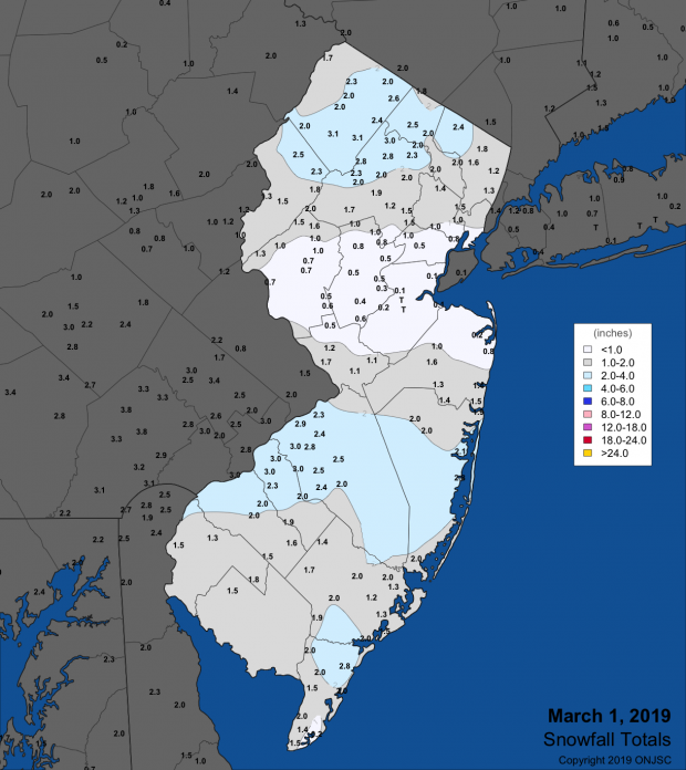 Figure 1. Snowfall early on March 1st. Observations are from CoCoRaHS stations, NWS Coop and NWS spotter reports. Snowfall map for March 1st
