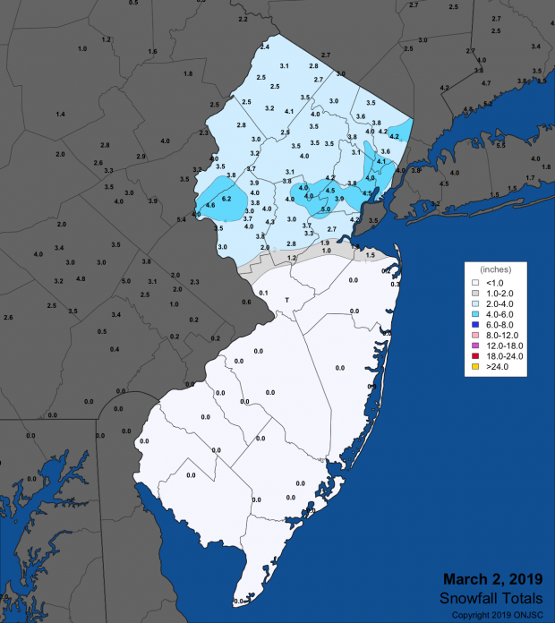 Figure 2. Snowfall from late on March 1st to the morning of the 2nd. Observations are from CoCoRaHS stations, NWS Coop and NWS spotter reports. Snowfall map for March 2nd