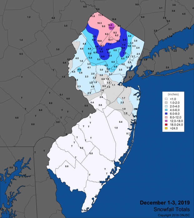 Figure 1. Snowfall from mid-day on December 1st through the early hours of December 3rd. Observations are from CoCoRaHS, NWS Cooperative Observer, and NWS Spotter reports. December 1-3 2019 snowfall map