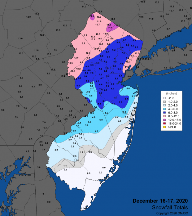 Figure 4. Snowfall from mid-day on December 16th through the morning of December 17th. Observations are from CoCoRaHS, NWS Cooperative Observer, and NWS Spotter reports. Snowfall map from December 16th-17th winter storm