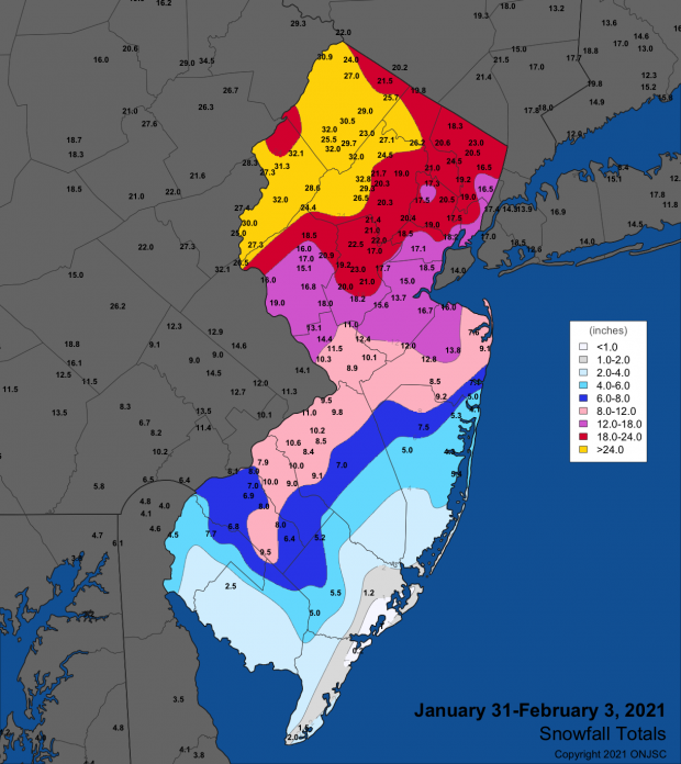 Figure 2. Snowfall from mid-day on January 31st through the morning of February 3rd. Observations are from CoCoRaHS, NWS Cooperative Observer, and NWS Spotter reports. Snowfall map from January 31st-February 3rd winter storm