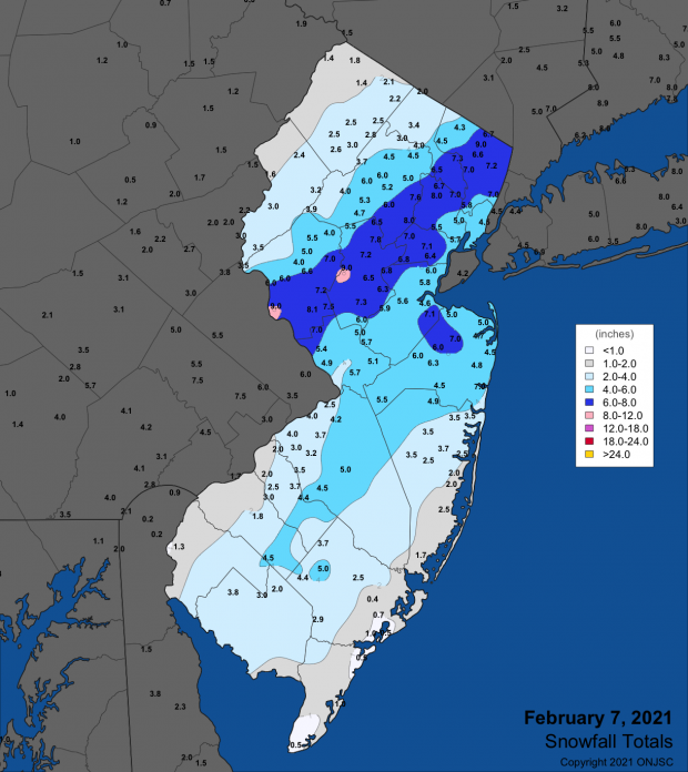 Figure 6. Snowfall from early morning through the afternoon of February 7th. Observations are from CoCoRaHS, NWS Cooperative Observer, and NWS Spotter reports. Snowfall map from the February 7th winter storm