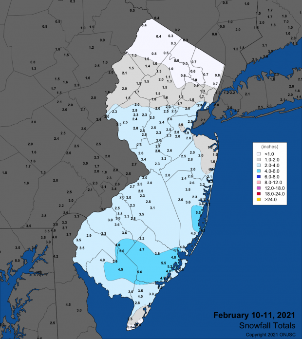 Figure 8. Snowfall from the evening of February 10th through the morning of the 11th. Observations are from CoCoRaHS, NWS Cooperative Observer, and NWS Spotter reports. Snowfall map from the February 10th-11th winter storm