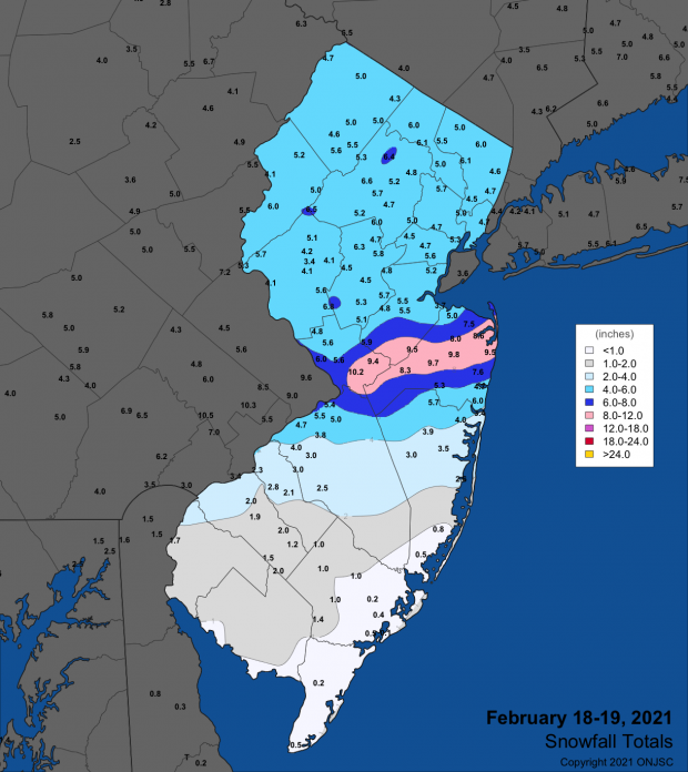 Figure 10. Snowfall from the pre-dawn hours of February 18th through the afternoon of the 19th. Observations are from CoCoRaHS, NWS Cooperative Observer, and NWS Spotter reports. Snowfall map from the February 18th-19th winter storm