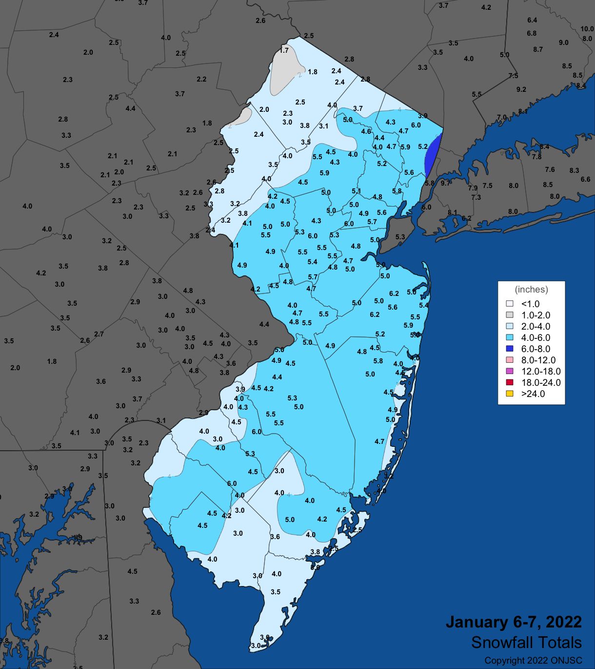 Figure 5. Snowfall on January 6th–7th. Observations are from CoCoRaHS, NWS Cooperative Observer, and NWS Trained Spotter reports. Snowfall on January 6th–7th. Observations are from CoCoRaHS, NWS Cooperative Observer, and NWS Trained Spotter reports.