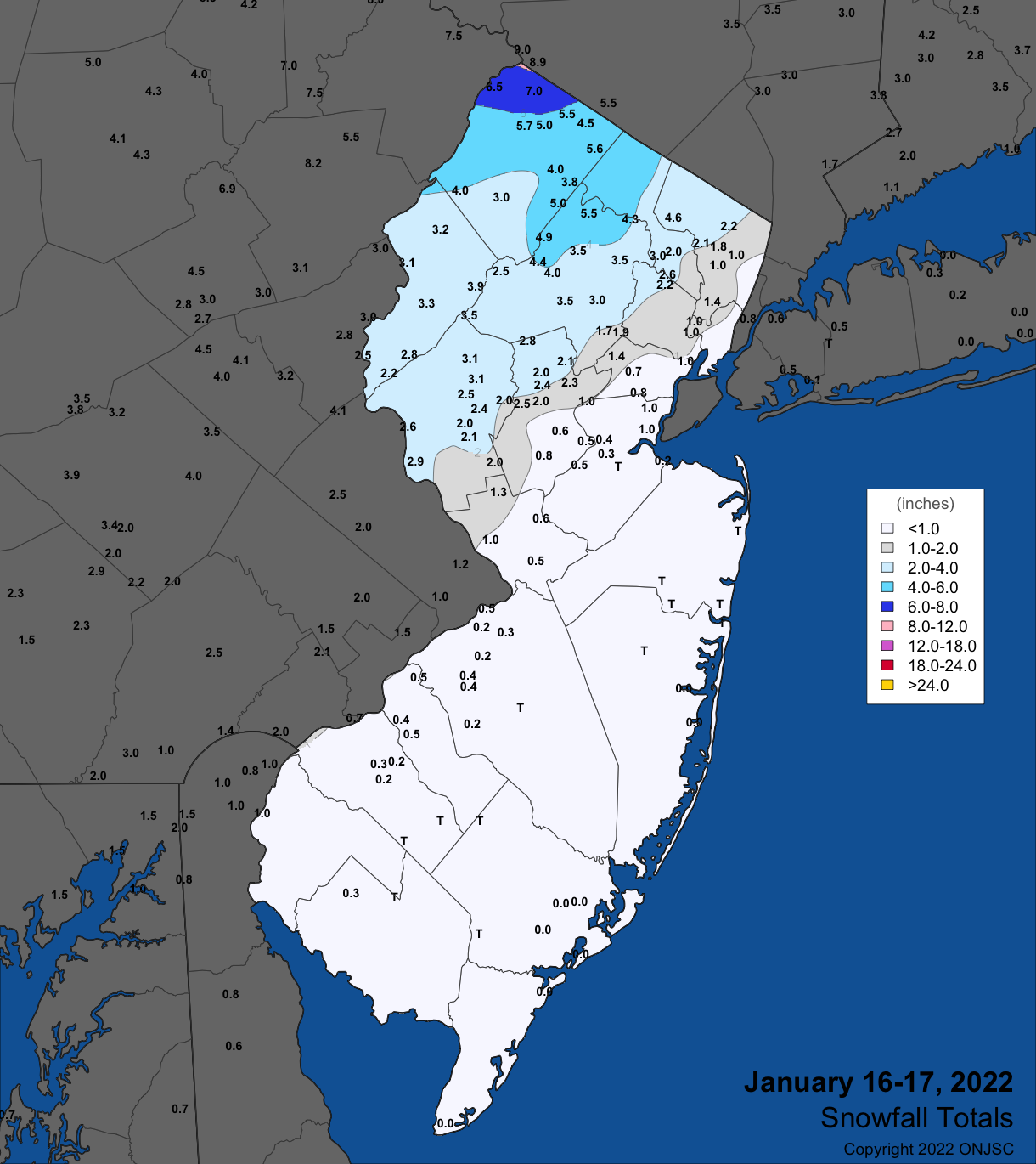 Figure 7. Snowfall on January 16th–17th. Observations are from CoCoRaHS, NWS Cooperative Observer, and NWS Trained Spotter reports. Snowfall on January 16th–17th. Observations are from CoCoRaHS, NWS Cooperative Observer, and NWS Trained Spotter reports.