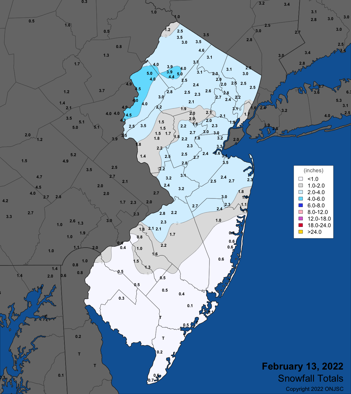 Figure 3. Snowfall on February 13th. Observations are from CoCoRaHS, NWS Cooperative Observer, and NWS Trained Spotter reports. Snowfall on February 13th. Observations are from CoCoRaHS, NWS Cooperative Observer, and NWS Trained Spotter reports.