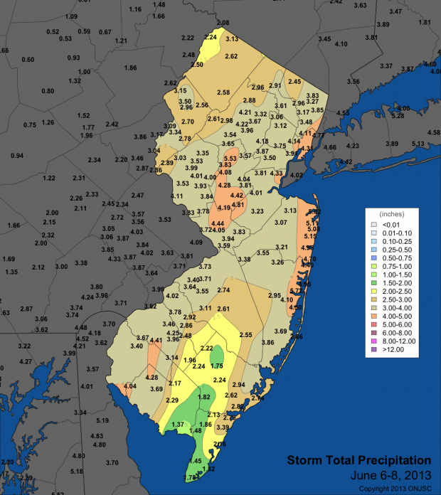 Rainfall totals from associated with the remnants Tropical Storm Andrea, June 6-8, 2013 Tropical Storm Andrea rain totals