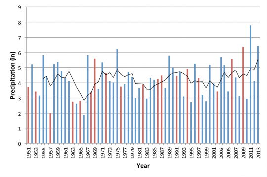 Time series of New Jersey total summer precipitation from 1951-2013. Red bars indicates years with an El Niño event. Black line indicates 5-year moving average. Time series of New Jersey total summer precipitation from 1951-2013. Red bars indicates years with an El Niño event. Black line indicates 5-year moving average.