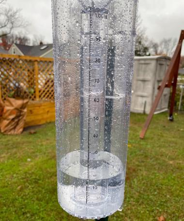 The 2.90” catch of rainfall at the Haddon Heights (Camden) CoCoRaHS station on November 12th. This was the second daily observation from this new station and the first with measurable precipitation. Quite an impressive debut! Photo courtesy of S. Daly. CoCoRaHS rain gauge